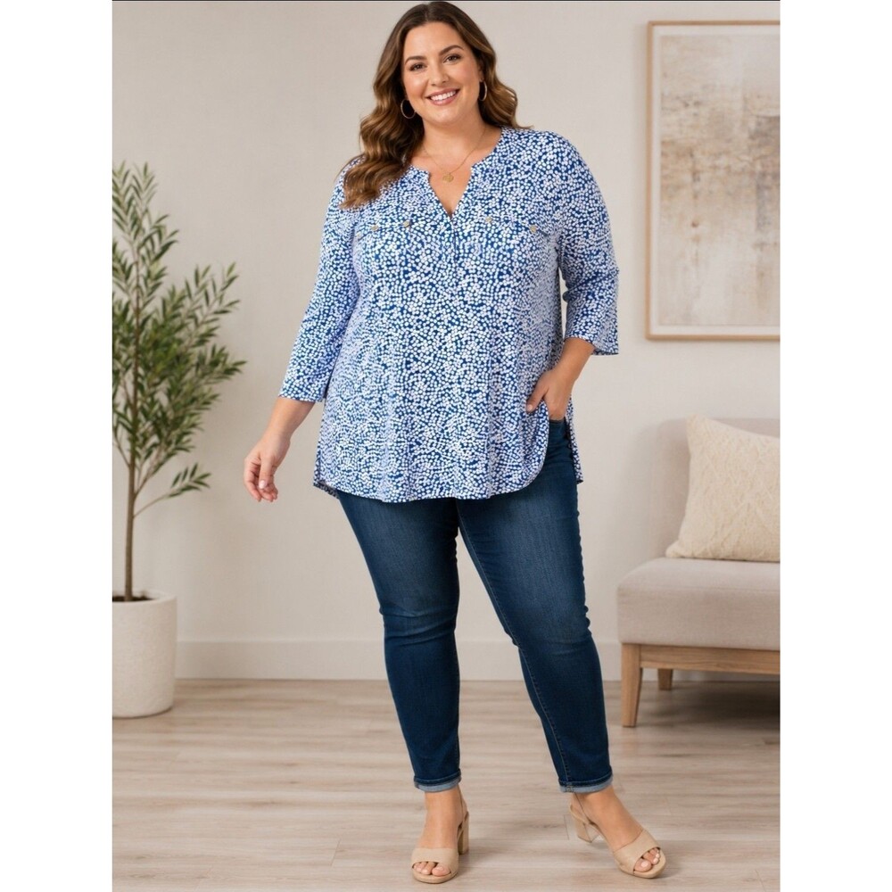 Jones New York Blouse Womens 1X White Animal Print Tunic 3/4 Sleeve V-Neck Top